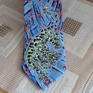 Vintage Ed Hardy Mens Tie Rare Christian Audigier Tiger Necktie Silk Hand Made